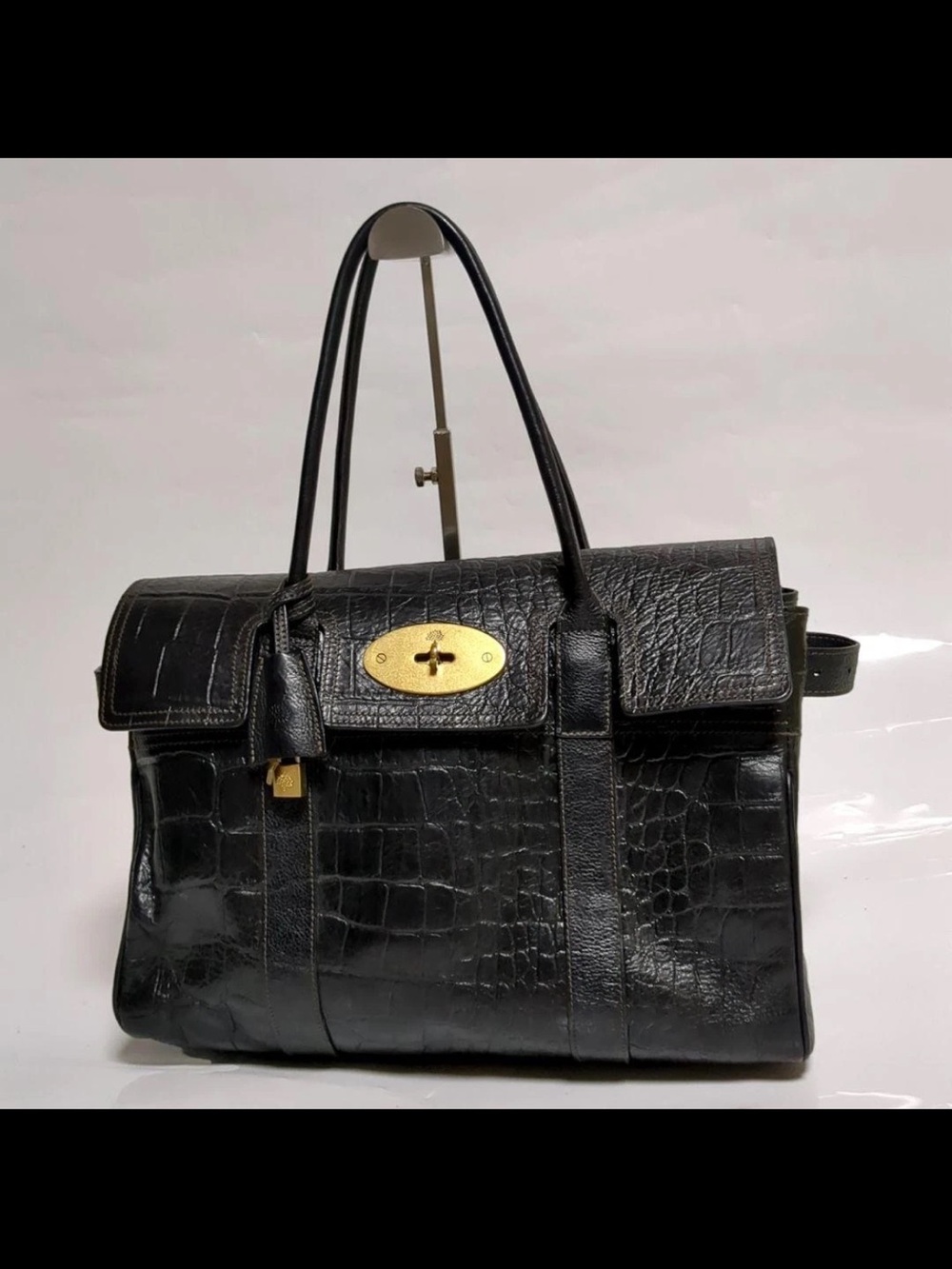 Mulberry Black Croc-Embossed Leather Satchel with Gold Hardware